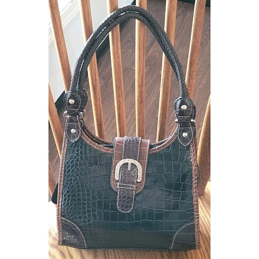 Vtg Rare 80s Crocodile Purse Handbag Braided Handles 8 Pocket 8x10x3 Black Light